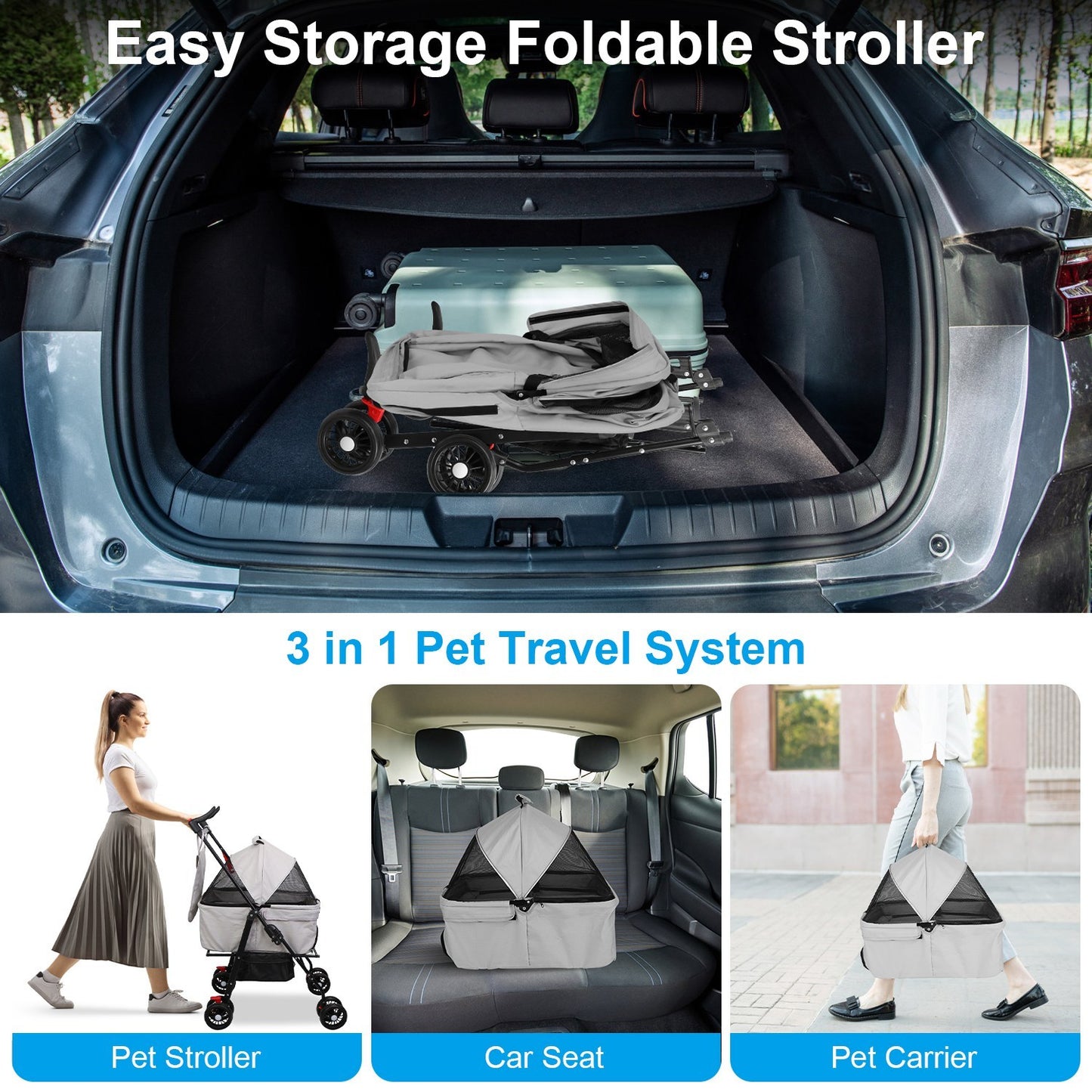4-Wheels Pet Stroller Foldable Carrier Strolling Cart Travel Jogger
