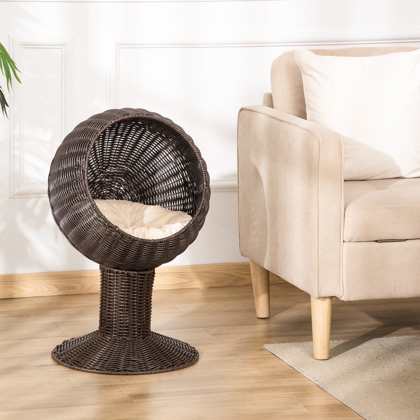 27 Elevated Cat Bed Rotatable Egg Chair Pod Thick Cushion Natural Mat Grass Woven Coffee