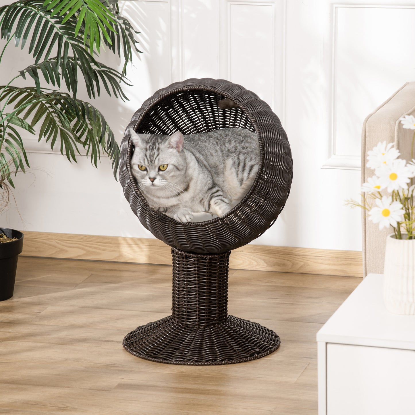 27 Elevated Cat Bed Rotatable Egg Chair Pod Thick Cushion Natural Mat Grass Woven Coffee
