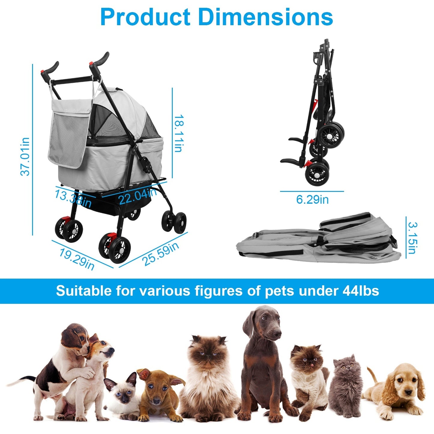 4-Wheels Pet Stroller Foldable Carrier Strolling Cart Travel Jogger