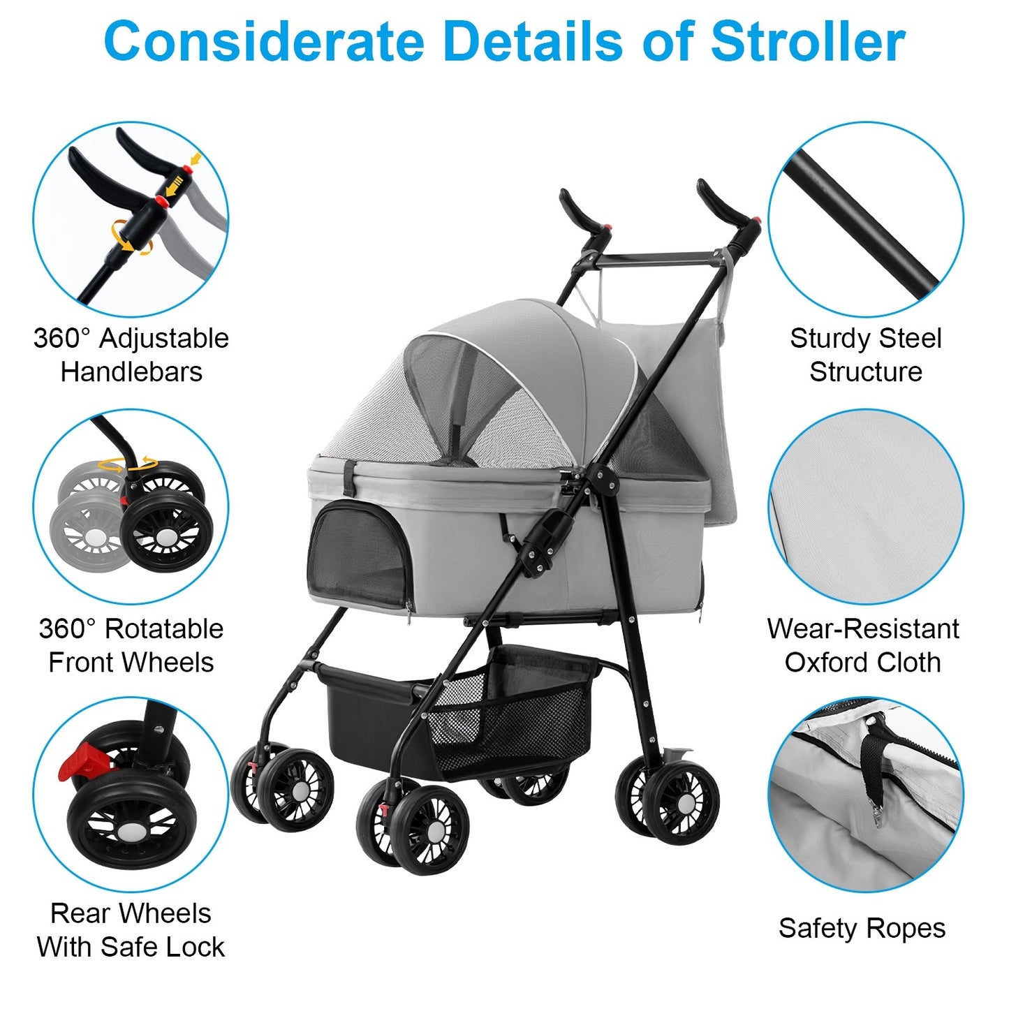 4-Wheels Pet Stroller Foldable Carrier Strolling Cart Travel Jogger