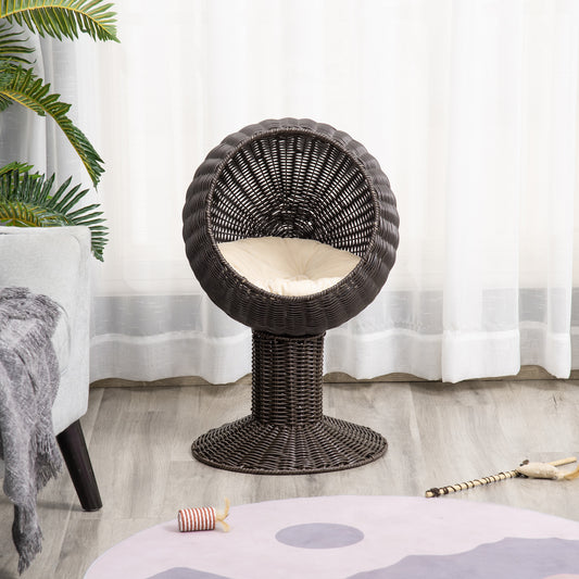 27 Elevated Cat Bed Rotatable Egg Chair Pod Thick Cushion Natural Mat Grass Woven Coffee